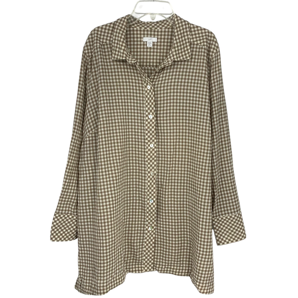 J. Jill Plus Sz 1X Tan Gingham Button Front Top Blouse Tunic Cotton Boyfriend - Picture 2 of 7